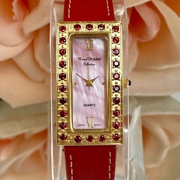 Marcel Drucker Red Gemstone Bezel Tank Style Watch with Pink MOP Dial - Picture 5 of 16